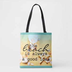 beach bag sea shells and sand with text