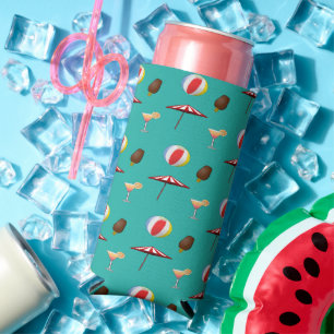 Beach balls, ice cream and cocktail on green seltzer can cooler