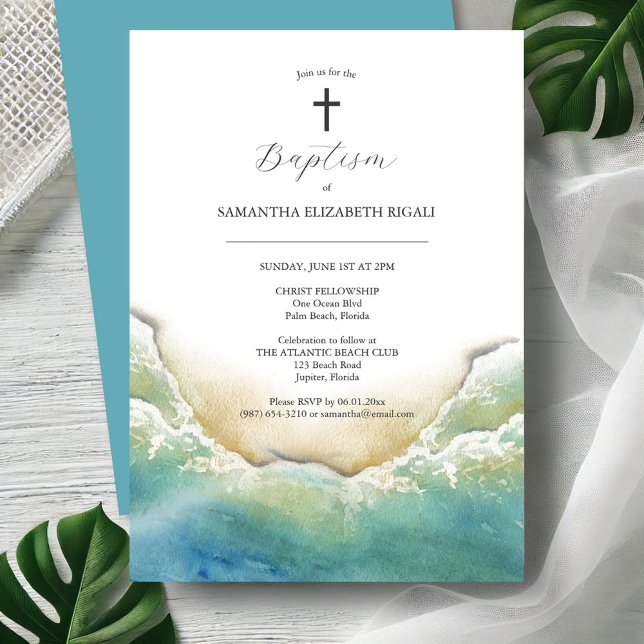 Beach Baptism Invitations Watercolor (Baptism invitations watercolor ocean waves art by Victoria Grigaliunas Do Tell A Belle)