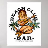 Beach Bar Poster. Retro Sailor Jerry Guitar Pinup