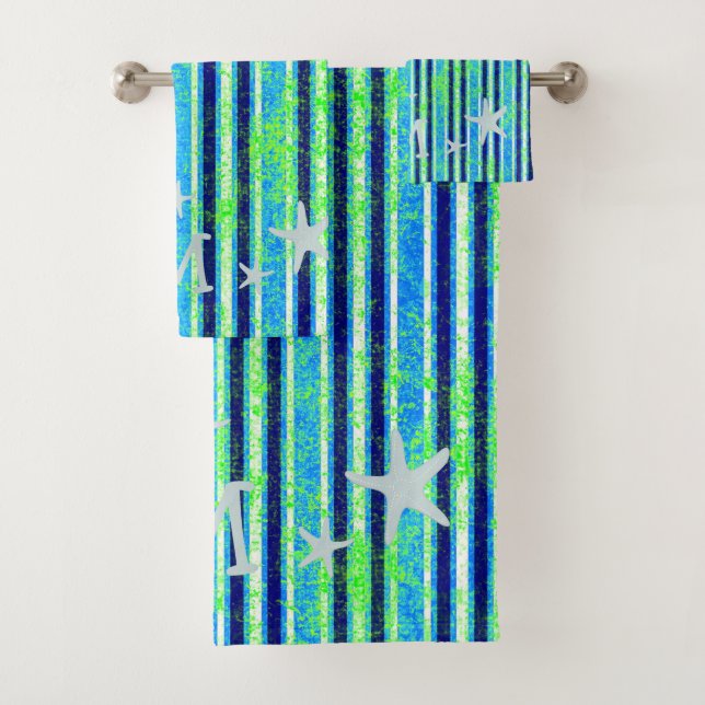 Beach Batik Stripes and Starfish Bath Towel Set (Insitu)