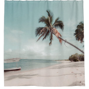 Beach beside coconut palm tree shower curtain