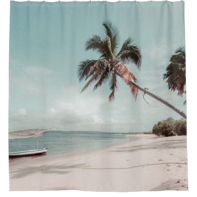 Beach beside coconut palm tree shower curtain (Front)