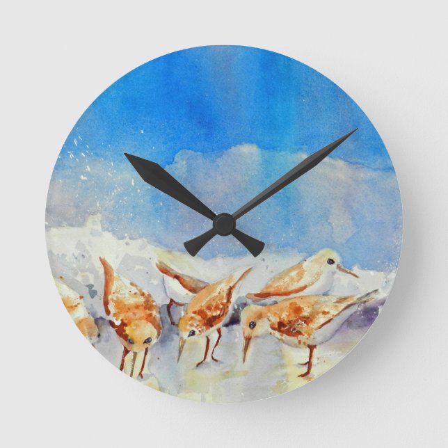 Beach Birds Clock, Sandpipers, Sanderlings Round Clock (Front)