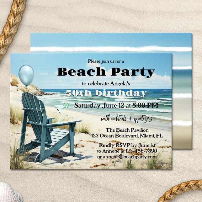 Beach Birthday Adult Summer Cocktail Party Invitation (Beach cocktail party invitation featuring a lounge chair in the dunes, overlooking the ocean)