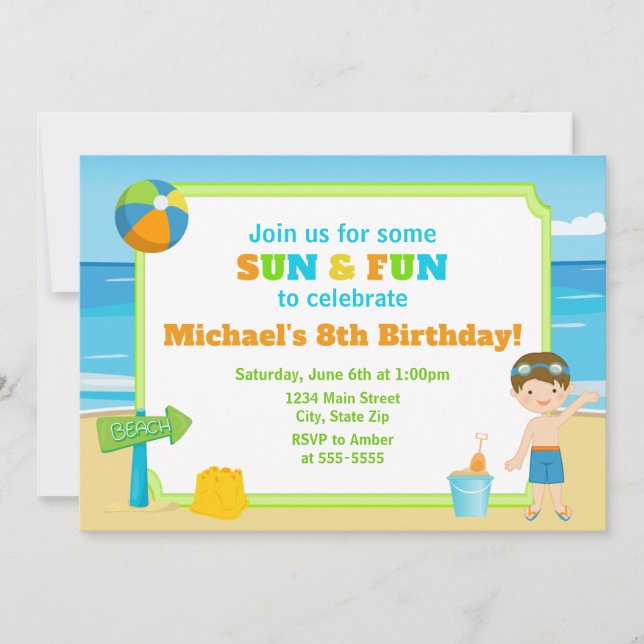 Beach Birthday Invitation Beach Party Boy (Front)