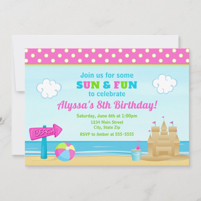 Beach Birthday Invitation Beach Party Girl (Front)