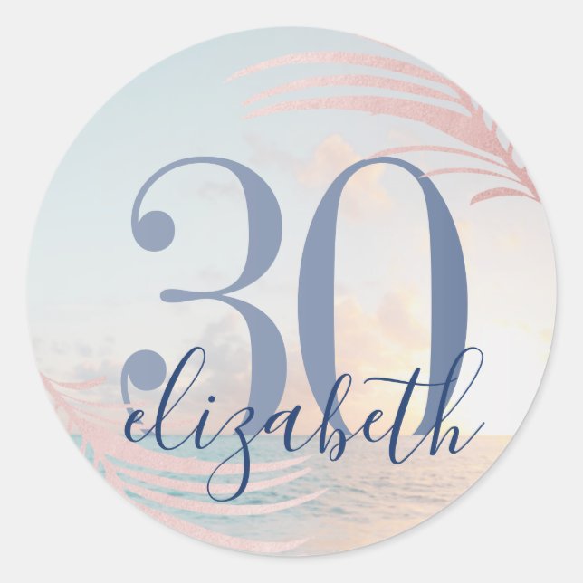 Beach Birthday Party Custom Age Name Favour Classic Round Sticker (Front)
