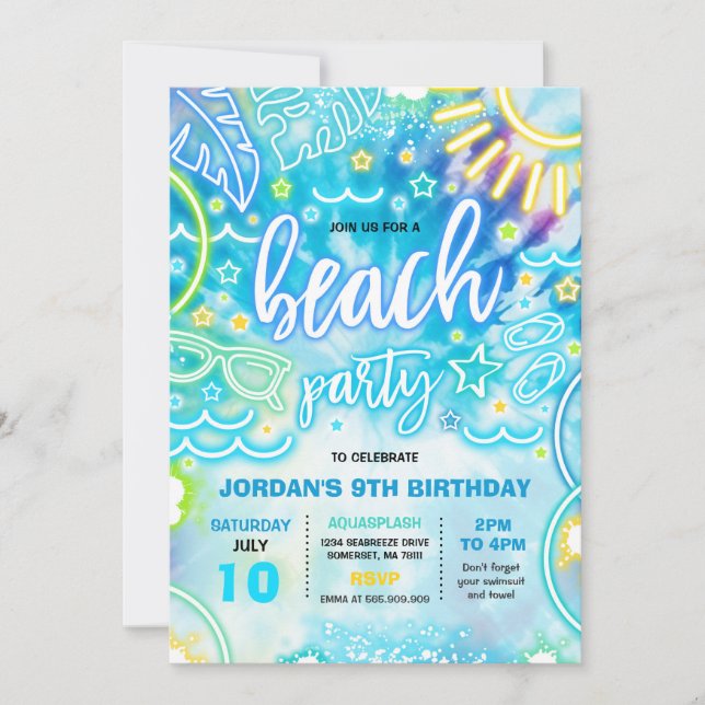 Beach Birthday Party Summer Beach Tie Dye Glow  Invitation (Front)