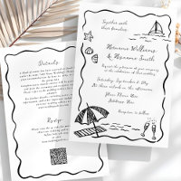 Beach Black Hand Drawn QR RSVP All-In-One Wedding