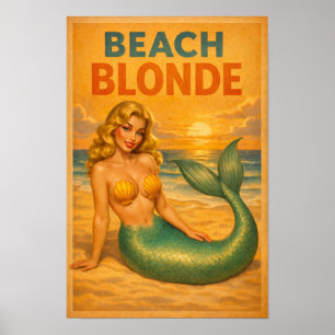 Beach Blonde Pin-Up Mermaid Retro Coastal Life Art Poster