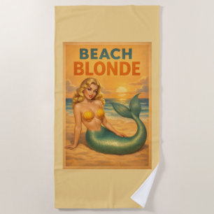 Beach Blonde Pin-Up Mermaid - Yellow Retro Coastal Beach Towel