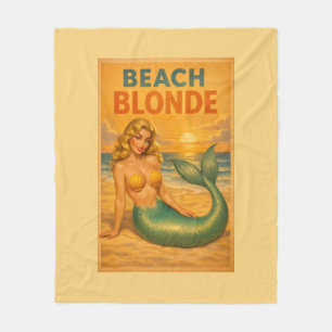 Beach Blonde Pin-Up Mermaid - Yellow Retro Coastal Fleece Blanket