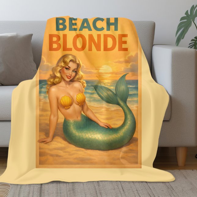 Beach Blonde Pin-Up Mermaid | Yellow Retro Coastal Fleece Blanket (Creator Uploaded)