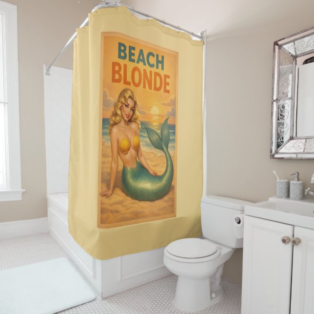 Beach Blonde Pin-Up Mermaid - Yellow Retro Coastal Shower Curtain (In Situ)