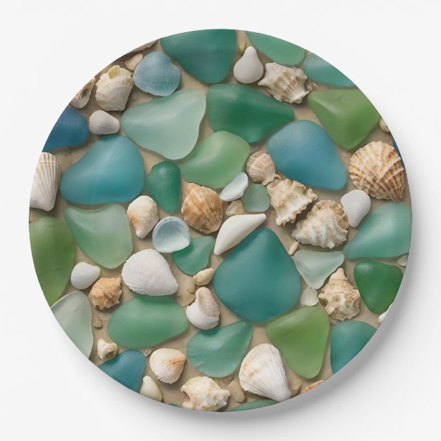 Beach Blue and Green Sea Glass and Seashells Paper Plate (Front)