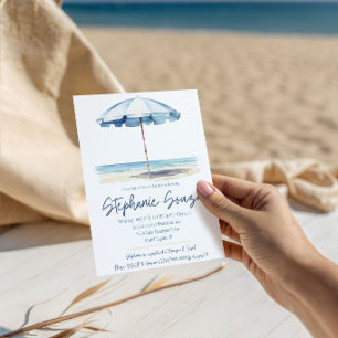 Beach, Blue and White Umbrella, Bridal Shower Invitation