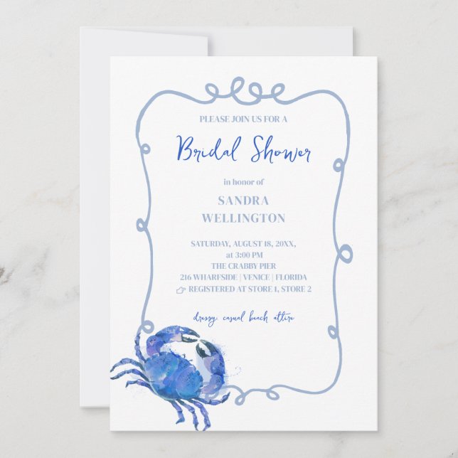 Beach Blue Crab Doodle Frame Invitation (Front)