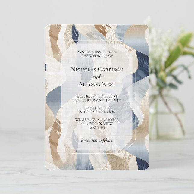 Beach Blue Cream Sand Ivory Abstract Wedding Invitation (Standing Front)