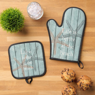 Beach Blue Faux Wood Starfish Oven Mitt & Pot Holder Set