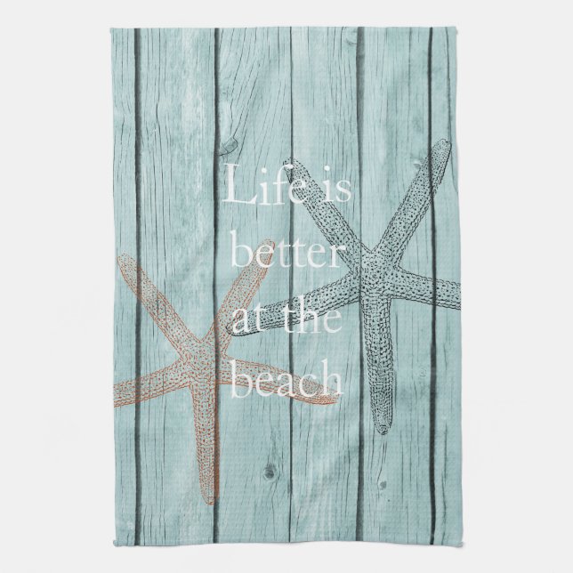 Beach Blue Faux Wood Starfish  Tea Towel (Vertical)