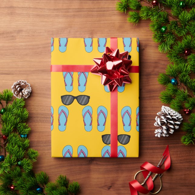 Beach Blue Flip Flops and Black Sunglasses Wrapping Paper (Holiday Gift)