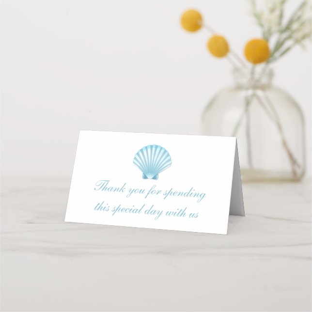 Beach Blue Nautical Seashell Wedding Thank You Place Card (Front)