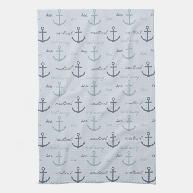 Beach Blue Ocean Nautical Sea Anchors Tea Towel (Vertical)