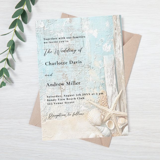 Beach blue sand starfish driftwood luxury wedding invitation (Creator Uploaded)