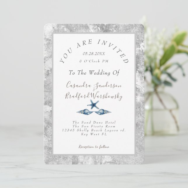 Beach Blue Seashell Silver Grey  Elegant Wedding  Invitation (Standing Front)