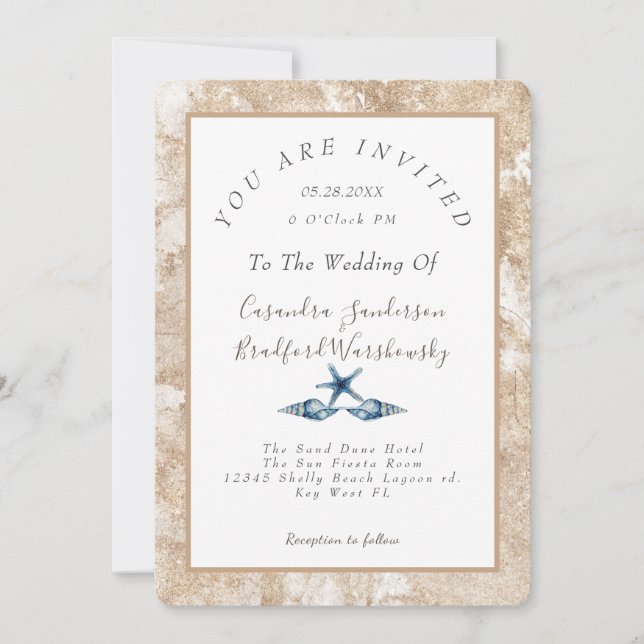 Beach Blue Seashell Watercolor Gold Sand Wedding  Invitation (Front)
