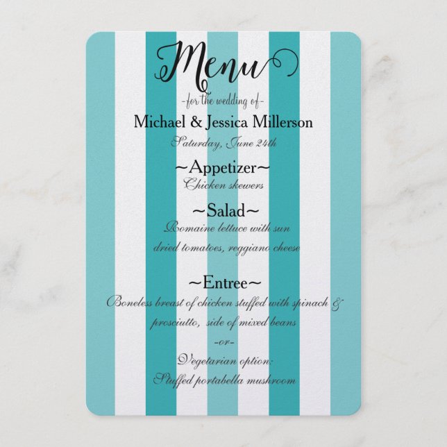 Beach Blue Turquoise Stripes Wedding Menu (Front)