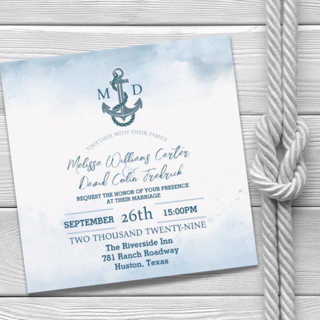 Beach Blue Watercolor Anchor Nautical Wedding  Invitation (Beach Blue Watercolor Anchor Nautical Wedding Invitation)