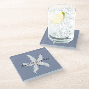 Beach Blue White Starfish Quote Glass Coaster