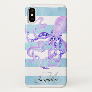 Beach Blue White Striped Watercolor Purple Octopus Case-Mate iPhone Case