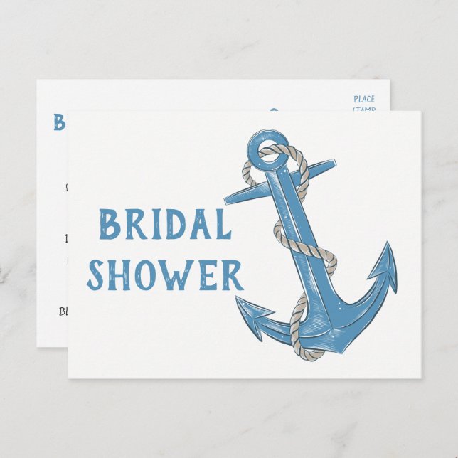 Beach Boat Anchor Blue Nautical Bridal Shower Invitation Postcard (Front/Back)