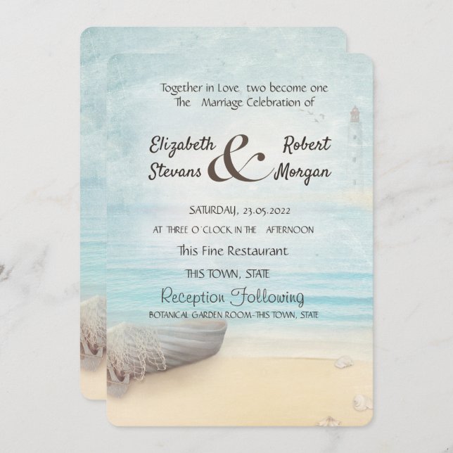 Beach Boat Lighthouse Wedding Invitation (Front/Back)