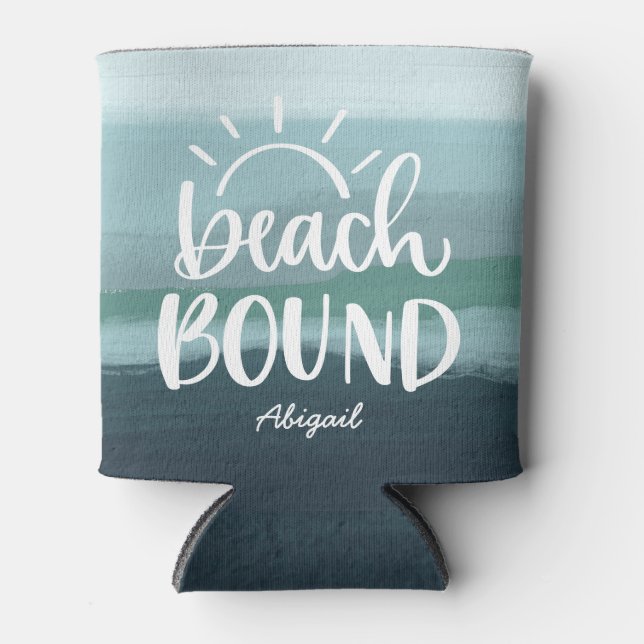 Beach Bound Custom Blue Abstract Seascape Can Cooler (Front)
