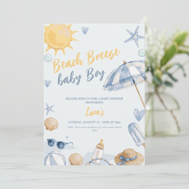 beach breeze boy blue baby shower invitation (Standing Front)