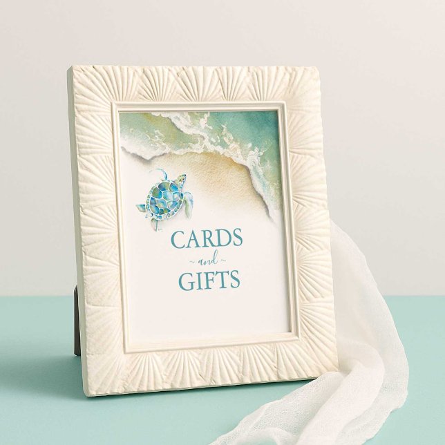 Beach Bridal Shower Cards & Gifts Sign (teal and blue beach bridal shower cards and gifts sign with sea turtle. Printable or printed)