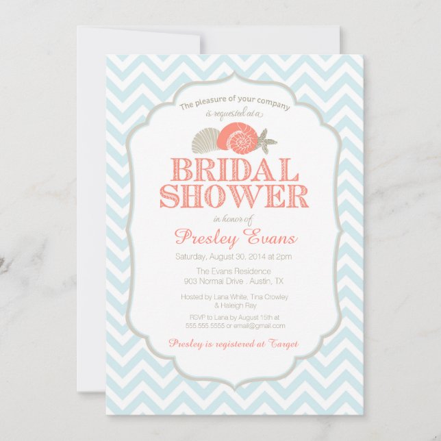 Beach Bridal Shower Invitation, Nautical Shells Invitation (Front)