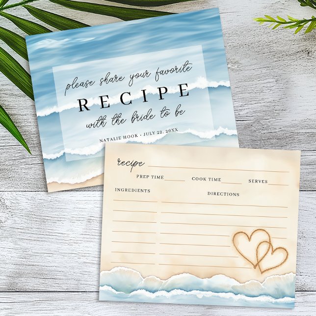Beach Bridal Shower Recipe Cards with Hearts (Bridal Shower Recipe Card)