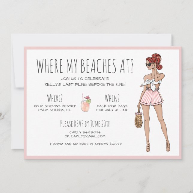 Beach Bride Bachelorette Party Weekend Itinerary   Invitation (Front)