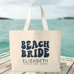 Beach Bride Navy Blue Cool Bachelorette Party Large Tote Bag<br><div class="desc">Celebrate in style with our Beach Bride Navy Blue Cool Bachelorette Party Large Tote Bag – the perfect accessory for your beach-themed festivities! This personalised canvas tote bag is not just a stylish addition to your beach bachelorette, but a thoughtful and practical gift for the bride. Designed for the beach...</div>