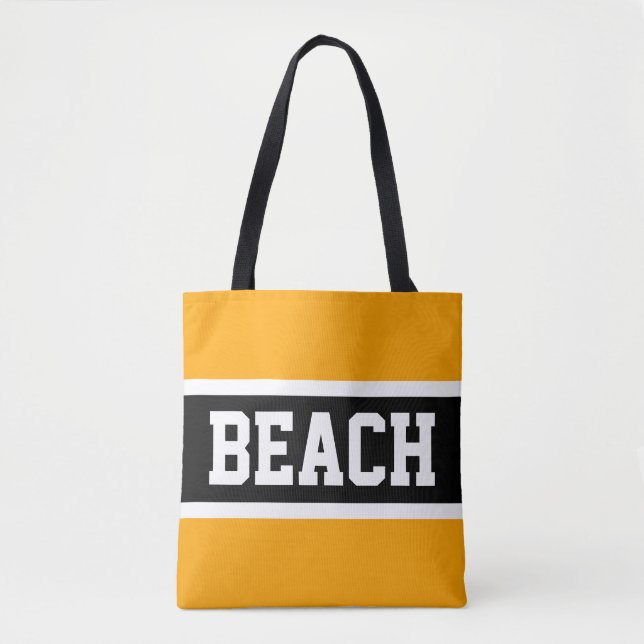 BEACH Bright Yellow Orange Black White Stripes Tote Bag (Front)