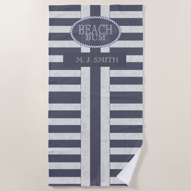 Beach Bum Bold Nautical Stripes and Name Towel (Front)
