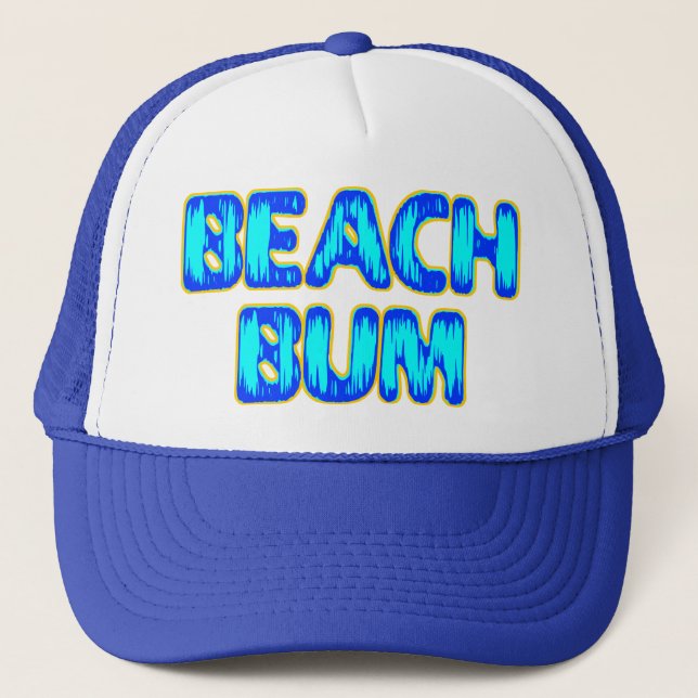 Beach Bum Funny Slogan in Blue Trucker Hat (Front)