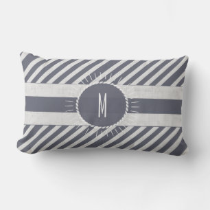 Beach Bum Navy Blue Striped with Monogram Lumbar Cushion