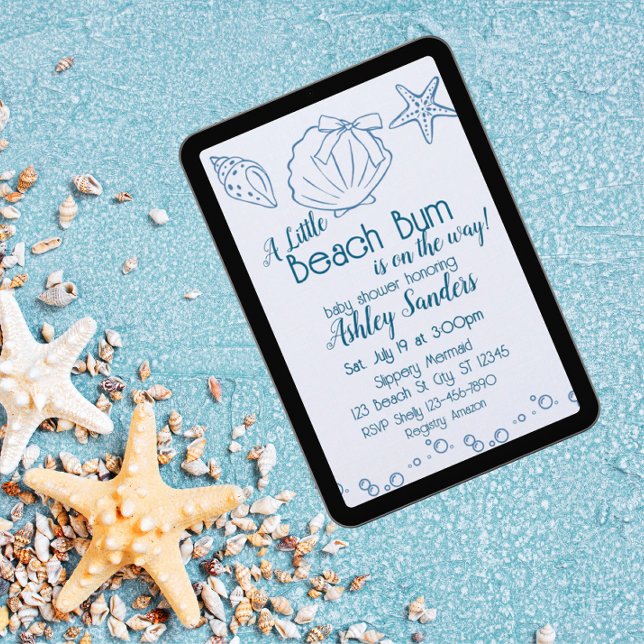 Beach Bum on the Way, Blue Seashells Baby Shower Invitation (Creator Uploaded)