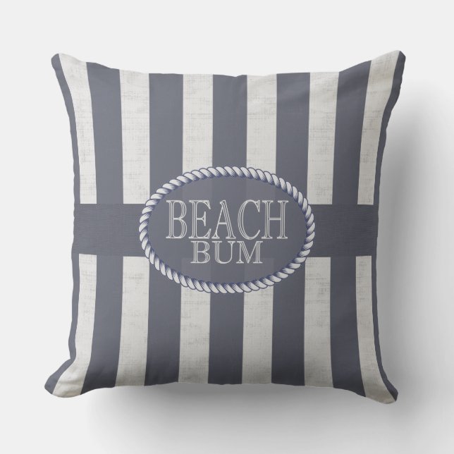 Beach Bum Seas the Day Blue and White Nautical Outdoor Cushion (Front)